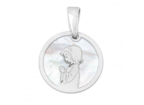 Medalla de Comunión niño en nácar y plata chapada en oro blanco